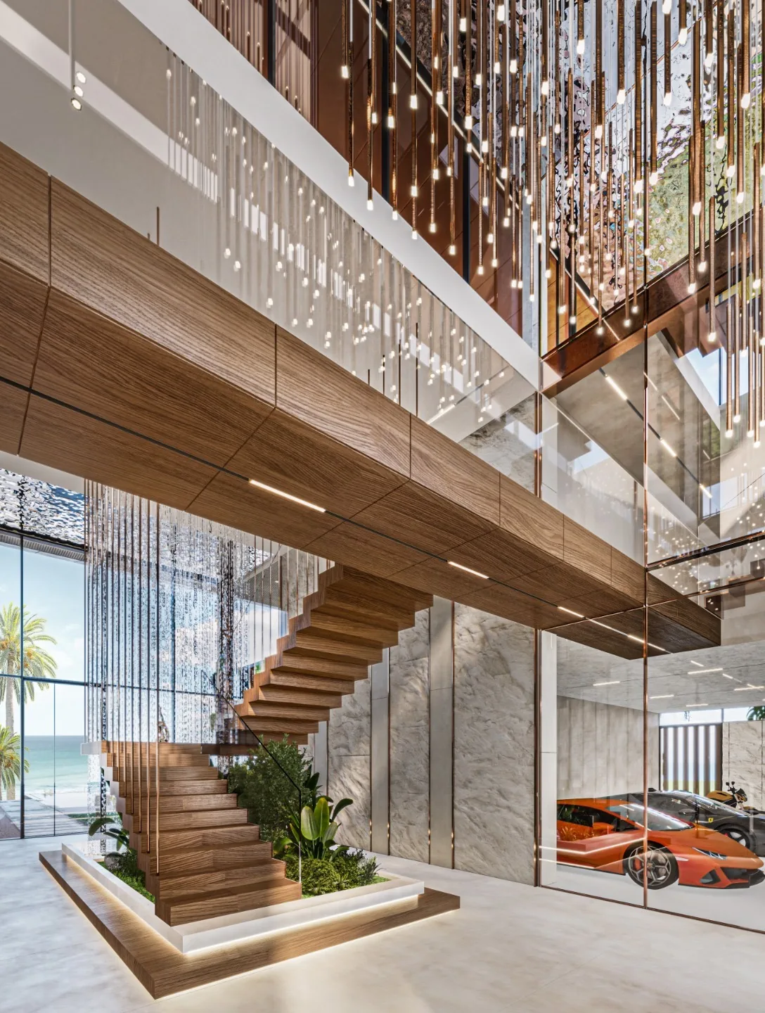 Floating wood staircase with pendant lights, marble walls, and ocean-view atrium.
