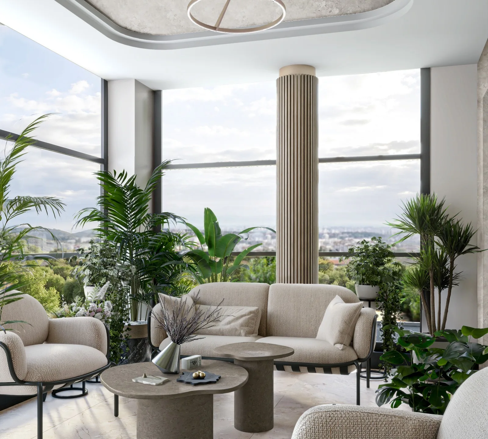 Neutral penthouse living room, floor-to-ceiling windows overlooking coastal landscape.