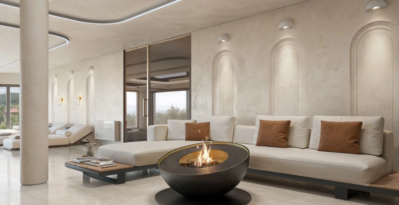Curved cream sofa around a central fireplace with arched wall niches.