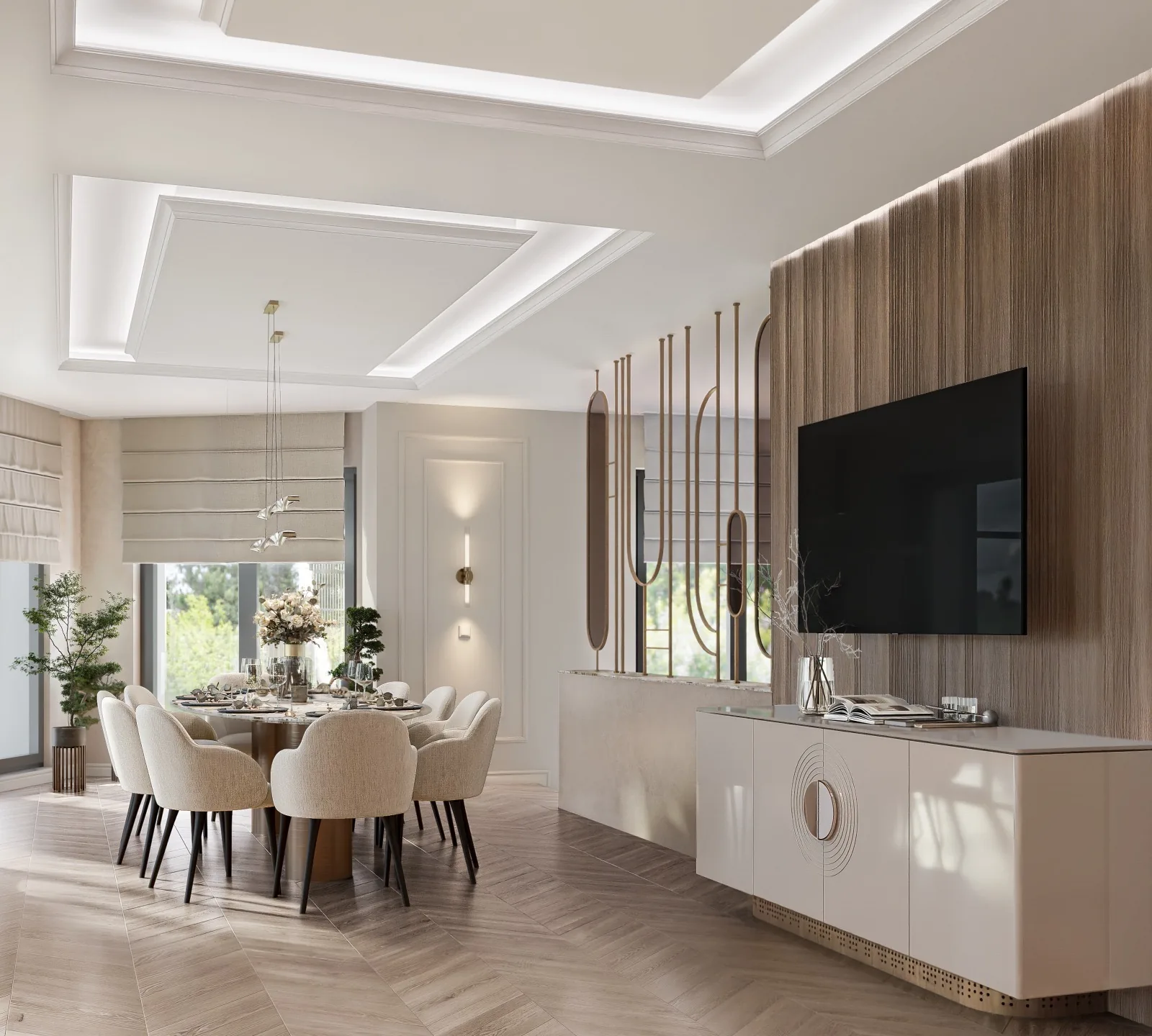 Open-concept dining and living with wood accent wall, coffered ceiling, custom cabinetry.