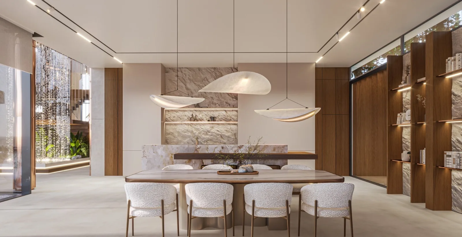 Spa reception with marble features, wooden shelving, and pendant lighting.