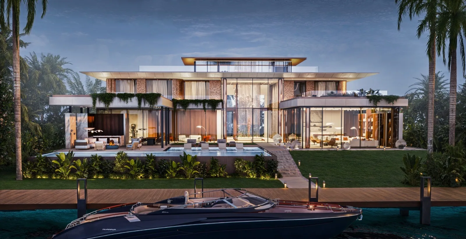 Waterfront residence with expansive hardscape, pool, and palm-framed outdoor living.