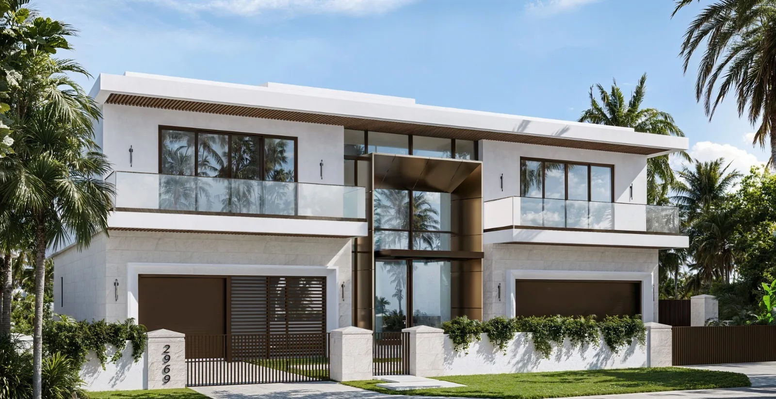 Two-story white residential home with glass railings, dual garages, and tropical landscaping.