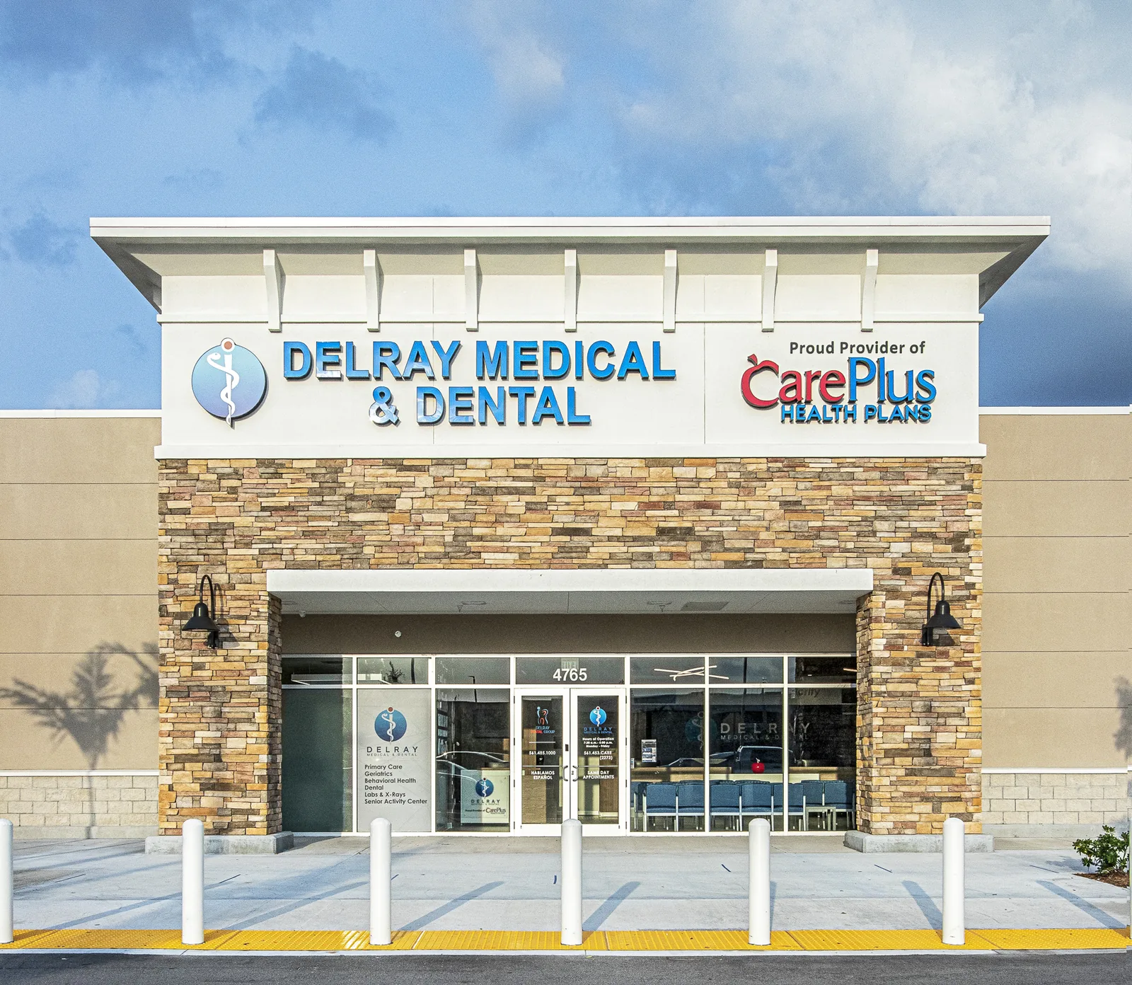 Delray Medical &amp; Dental storefront with brick facade and CarePlus signage.